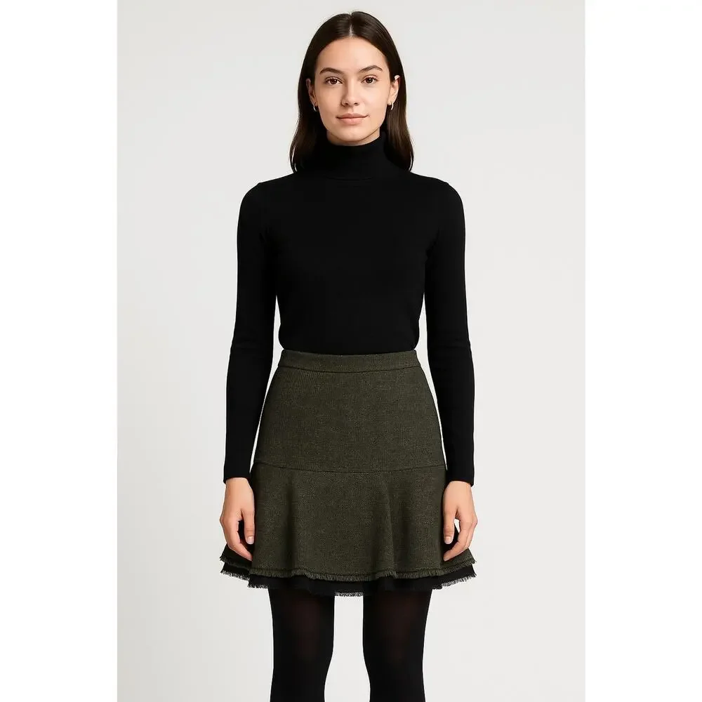 Ann Taylor Olive Tweed Drop Waist Chiffon‎ Layered Preppy Peplum Skirt Size 2